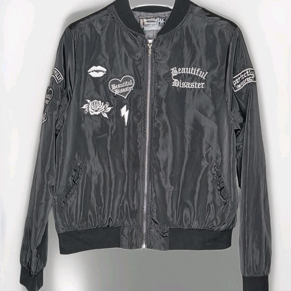 Beautiful Disaster Members Only Black Satin Bomber Jacket Sz Med - Picture 1 of 7